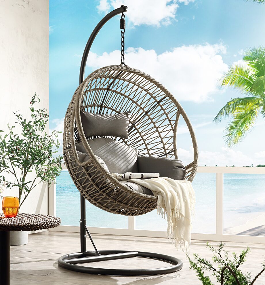 Gray fabric & brown rope patio swing chair & stand by Acme