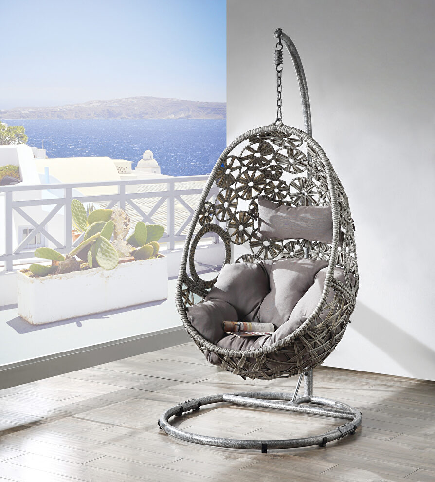 Light gray fabric & wicker open weave design patio swing chair by Acme