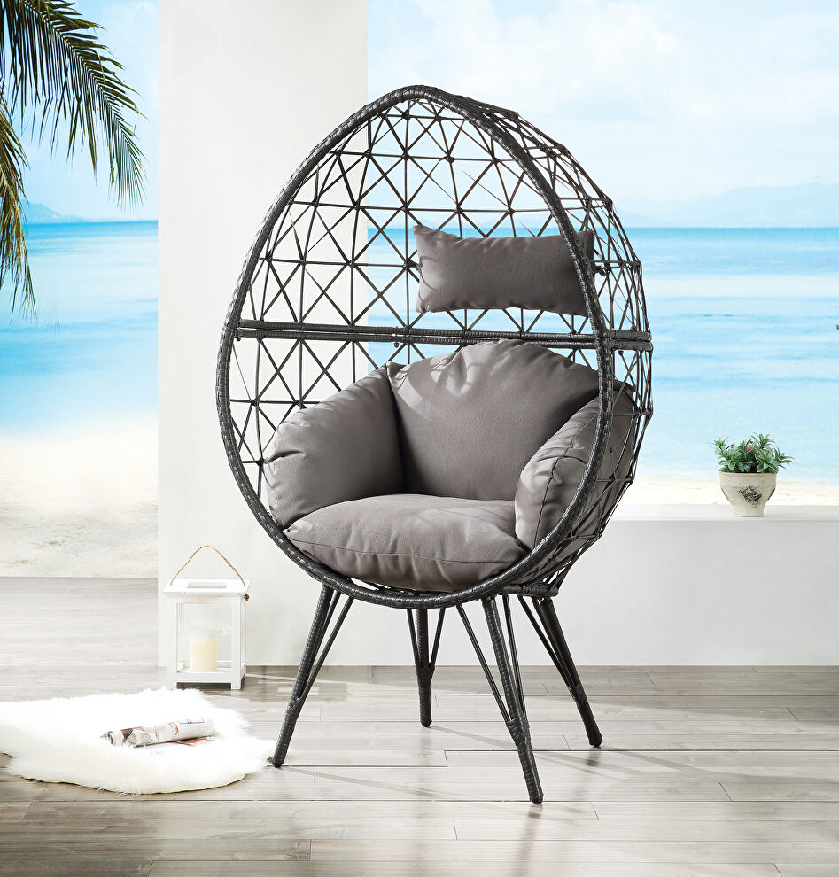 Light gray fabric & black wicker patio lounge chair by Acme