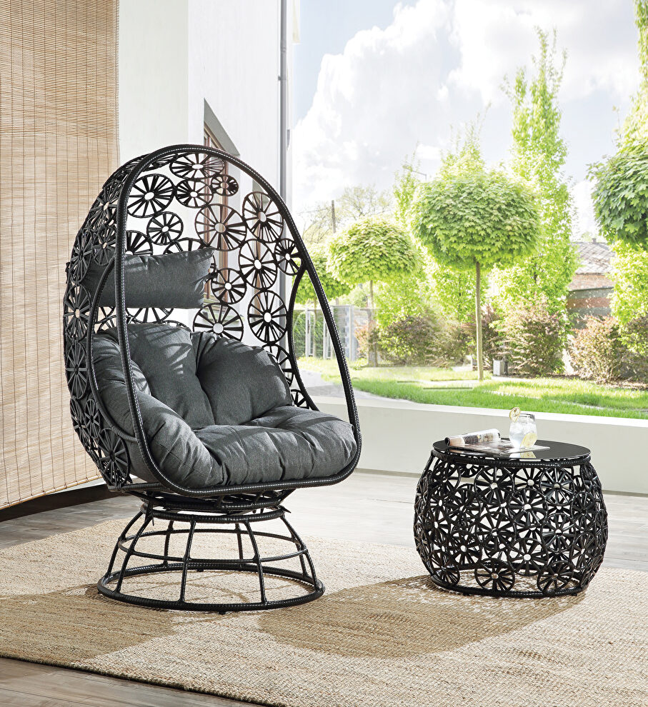 Charcoal fabric and black wicker frame with metal base patio lounge chair by Acme