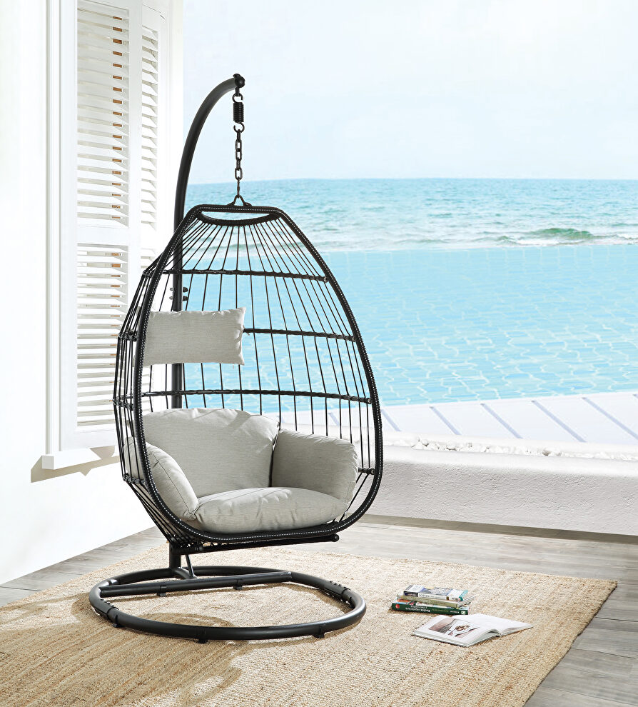 Beige fabric & black wicker egg shape contours patio swing chair by Acme