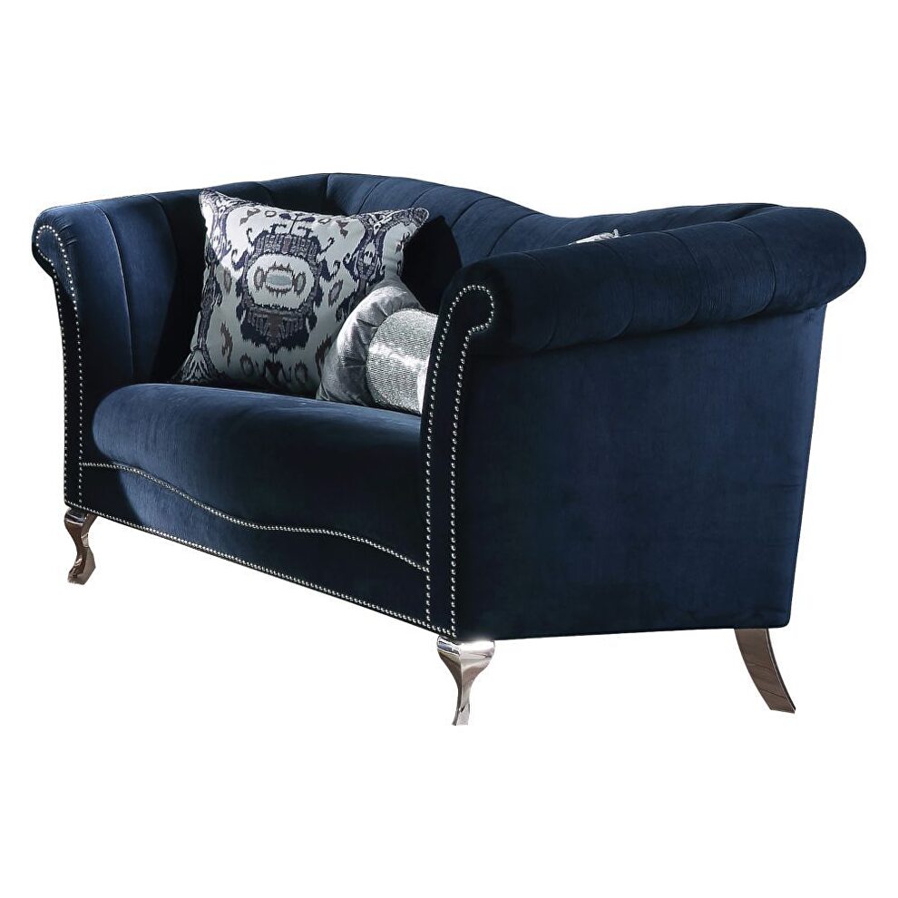 Blue velvet upholstery arched backrest with vertical stitching lines loveseat by Acme