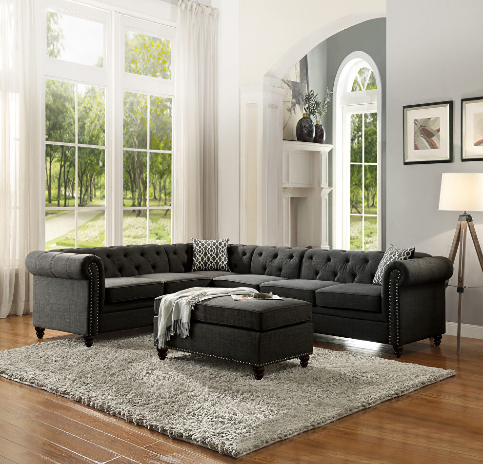 Charcoal linen button tufted sectional sofa by Acme