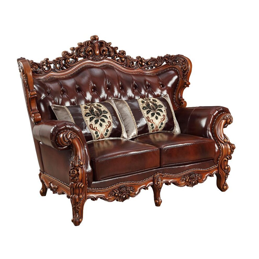 Cherry top grain leather match & walnut loveseat by Acme