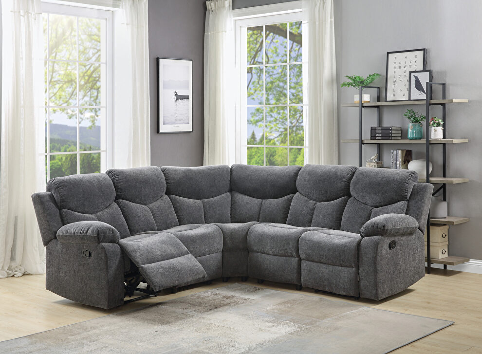 Gray chenille upholstery pad-over-chaise seating reclining sectional sofa by Acme