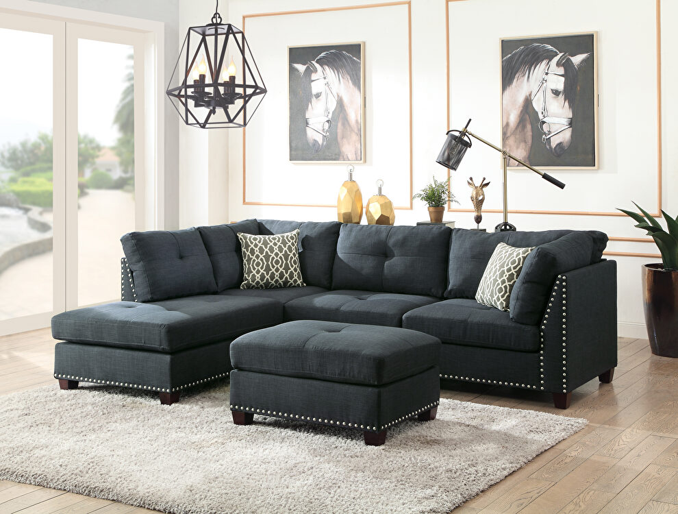 Dark blue linen sectional sofa & ottoman by Acme