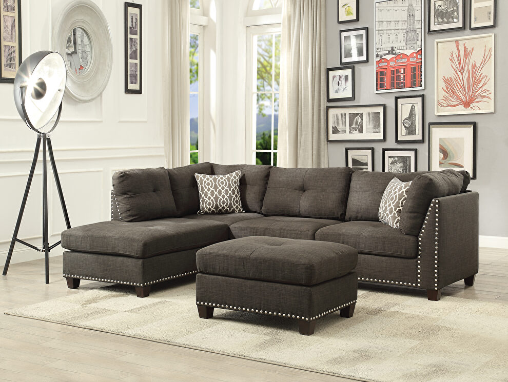 Dark charcoal linen sectional sofa & ottoman by Acme