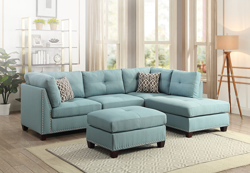 Teal linen sectional sofa & ottoman by Acme
