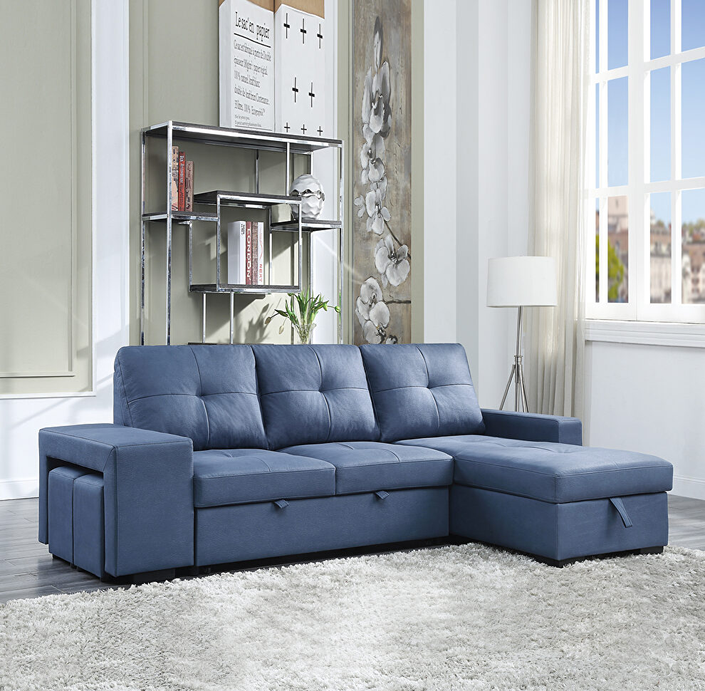 Blue fabric upholstery reversible sectional sofa w/sleeper by Acme