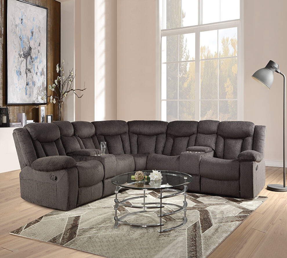 Dark brown fabric upholstery sectional motion sofa by Acme