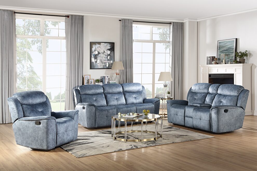 Silver blue fabric reclining sofa by Acme