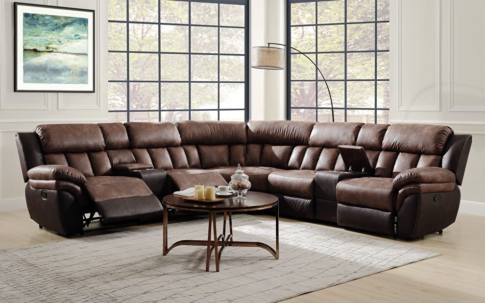 Toffee & espresso polished microfiber sectional motion sofa by Acme