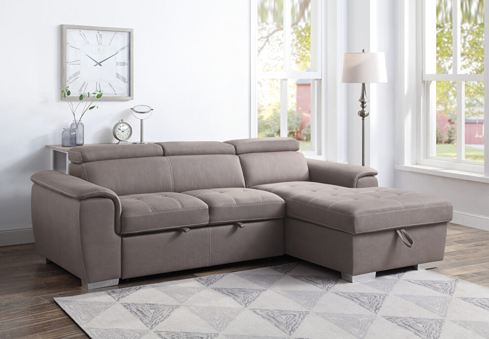 Light brown fabric upholstery sectional sofa with pull-out bed by Acme