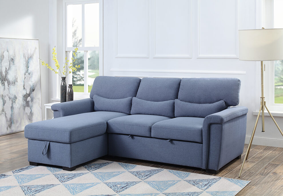 Blue fabric upholstery sectional sofa with pull-out bed by Acme
