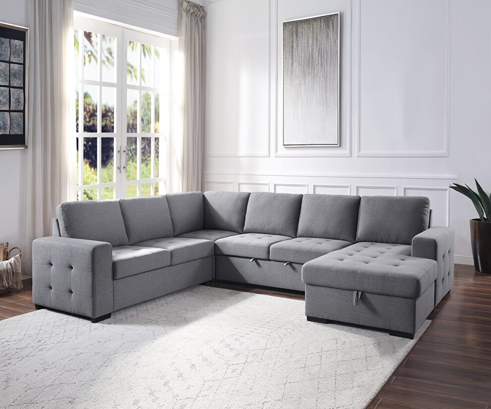 Gray fabric upholstery storage sleeper sectional sofa by Acme