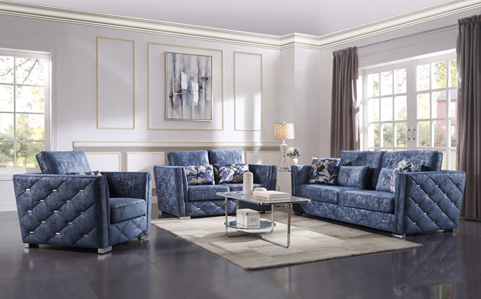 2-tone blue fabric sofa in unique diagonal tufting style by Acme