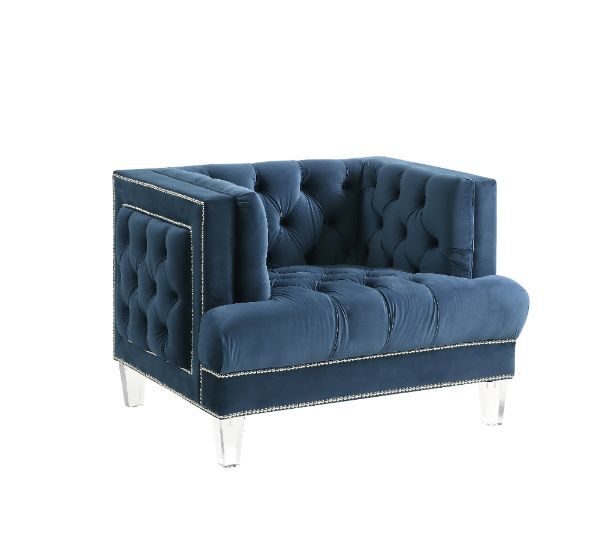 Rich blue velvet button tufted modern style chair by Acme