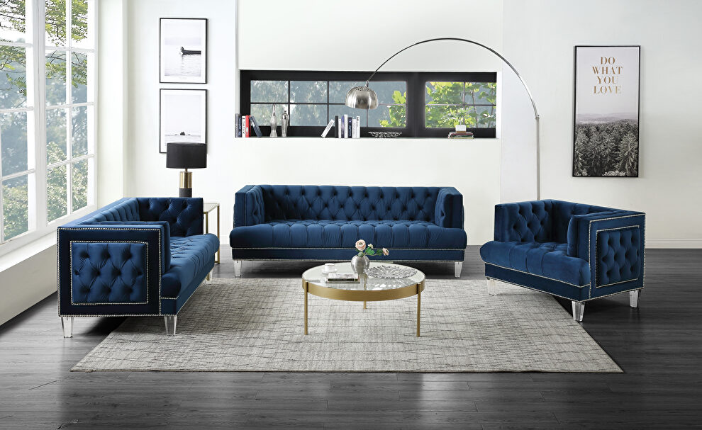 Rich blue velvet button tufted modern style sofa by Acme