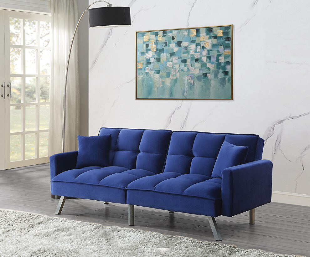 Blue velvet upholstery grid tufted seat and back sofa bed by Acme