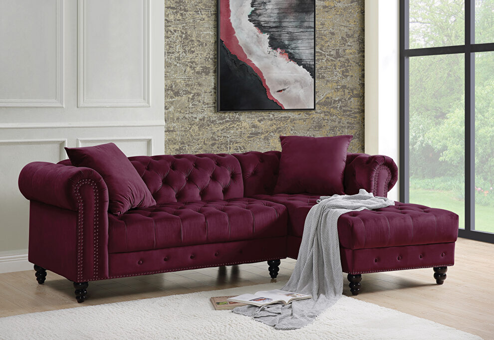 Red velvet upholstery elegant sectional sofa by Acme