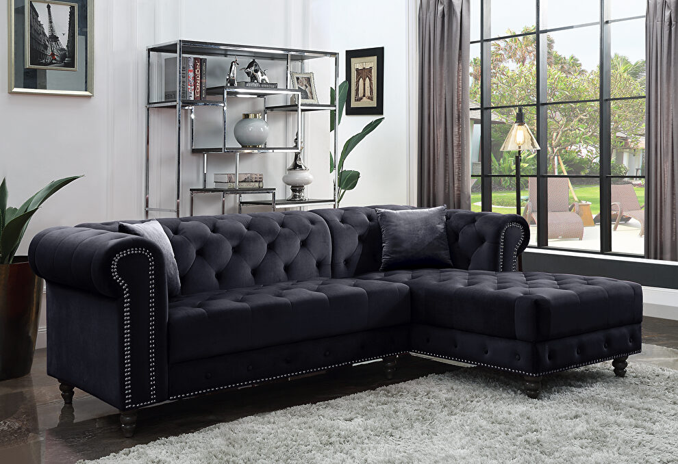 Black velvet upholstery elegant sectional sofa by Acme
