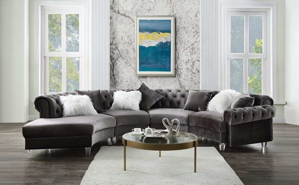 Gray velvet upholstery button tufting sectional sofa by Acme