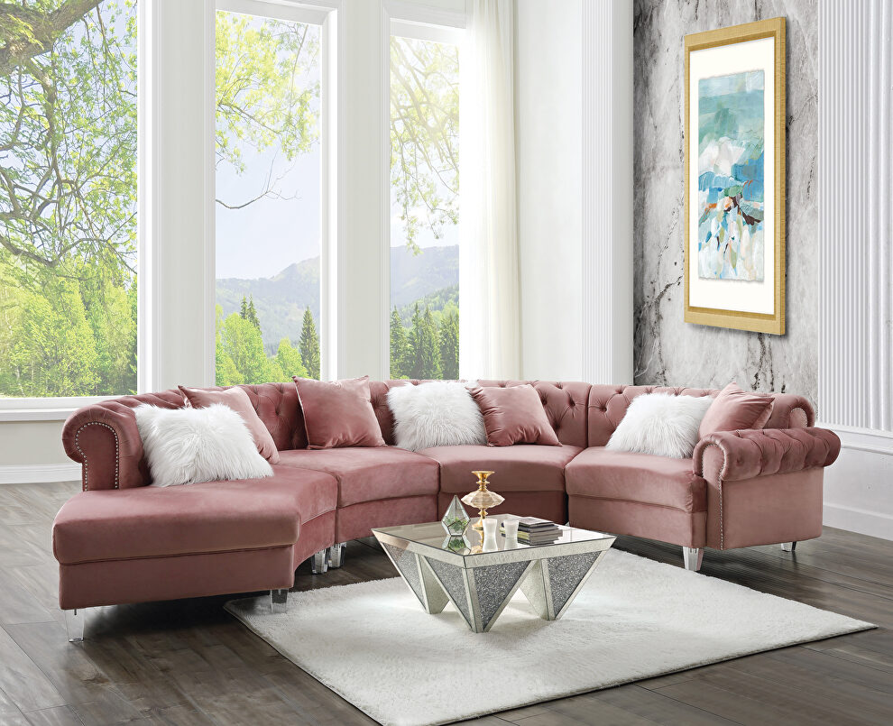 Pink velvet upholstery button tufting sectional sofa by Acme