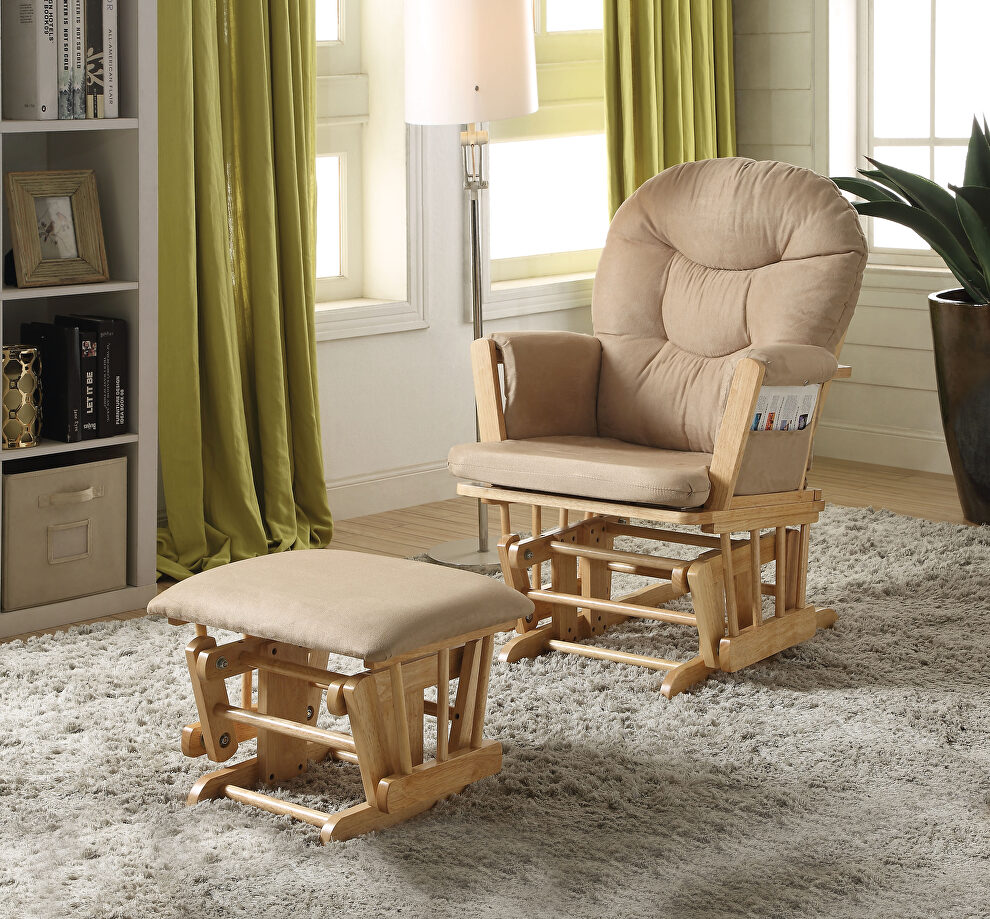 Taupe microfiber & natural oak 2pc pack glider chair & ottoman by Acme