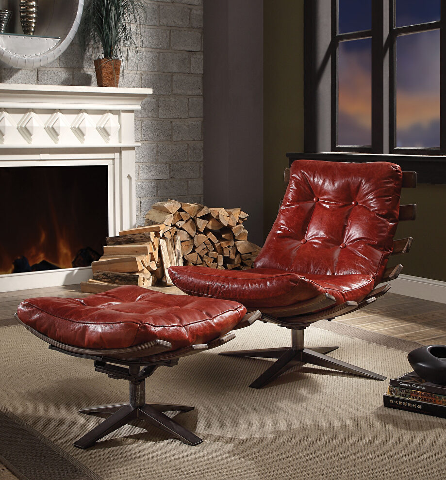 Antique red top grain leather 2pc pack chair & ottoman by Acme