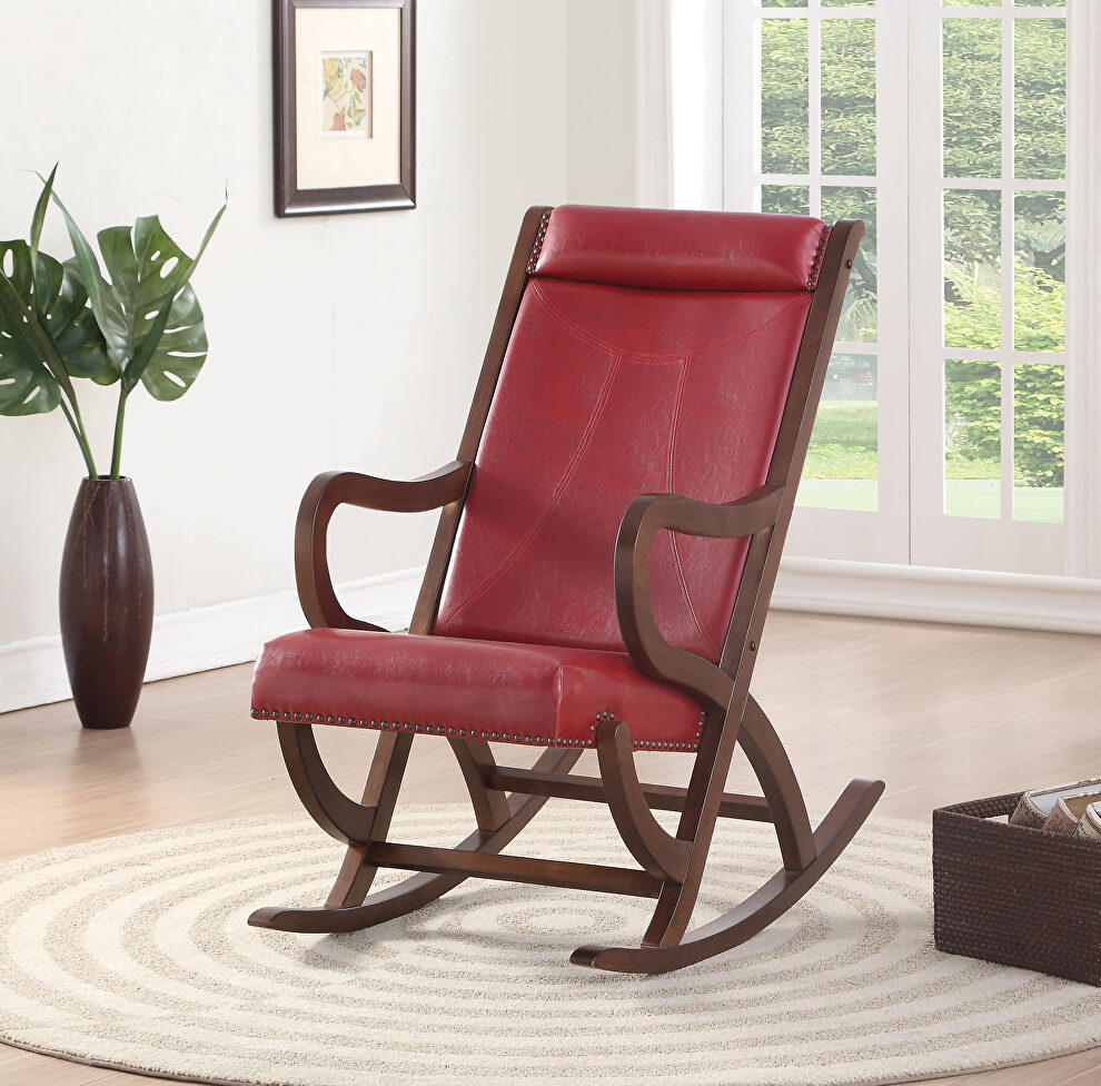 Burgundy pu & walnut rocking chair by Acme