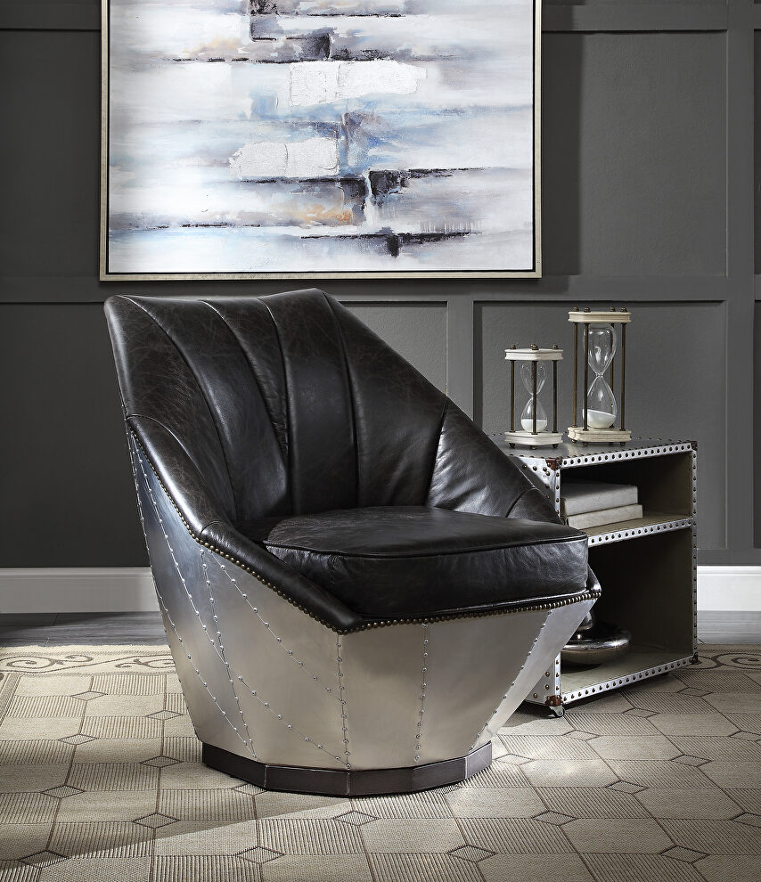 Distress espresso top grain leather & aluminum accent chair by Acme