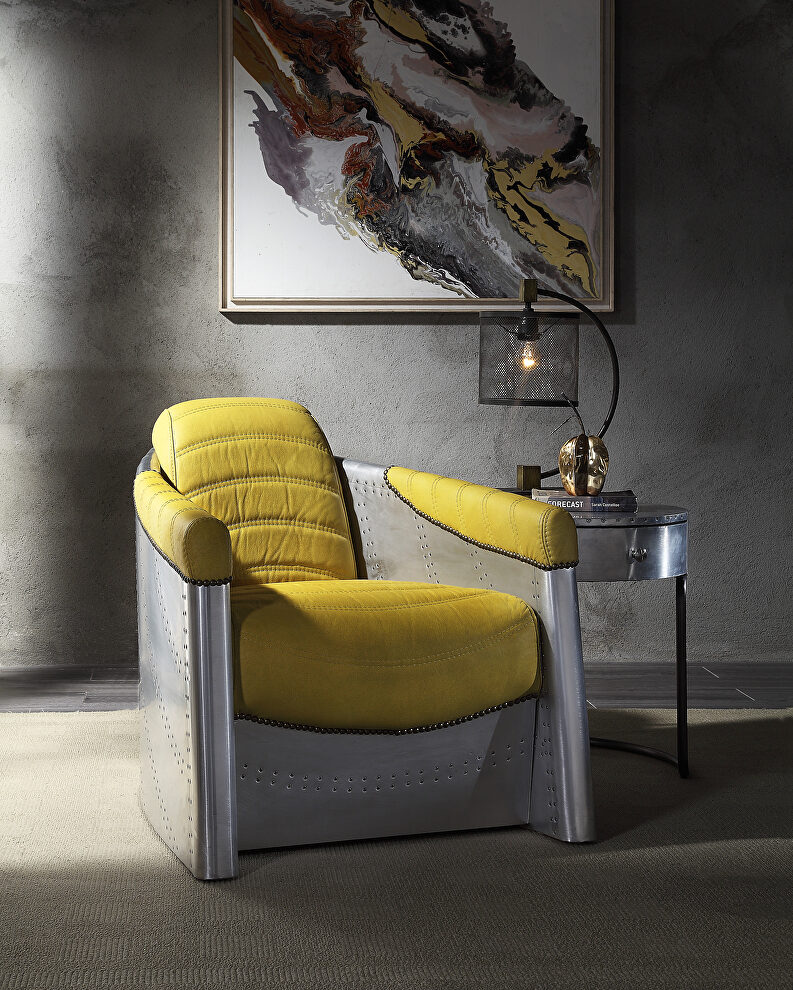 Yellow top grain leather & aluminum accent chair by Acme