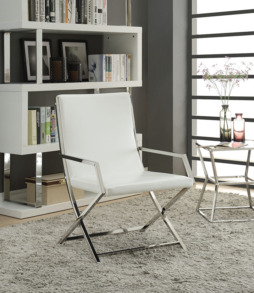 White pu leather & stainless steel accent chair by Acme