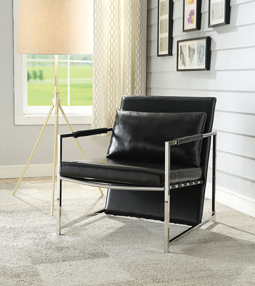 Black pu & stainless steel accent chair & pillow by Acme