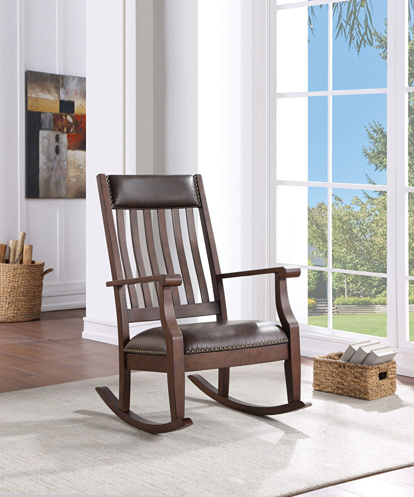 Brown pu & walnut finish upholstered trim rocking chair by Acme