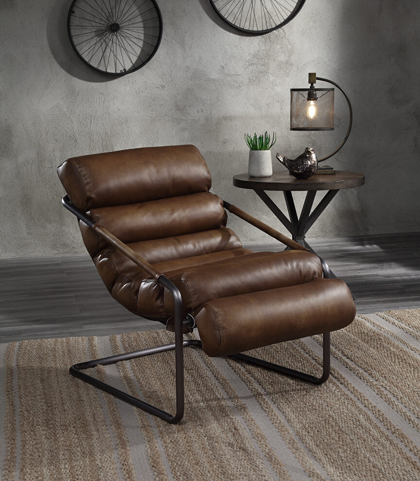 Sahara top grain leather & matt iron finish base accent chair by Acme