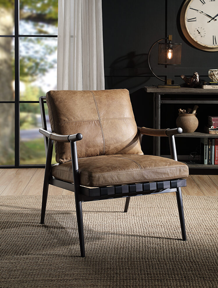 Berham chestnut top grain leather & matt iron finish base accent chair by Acme