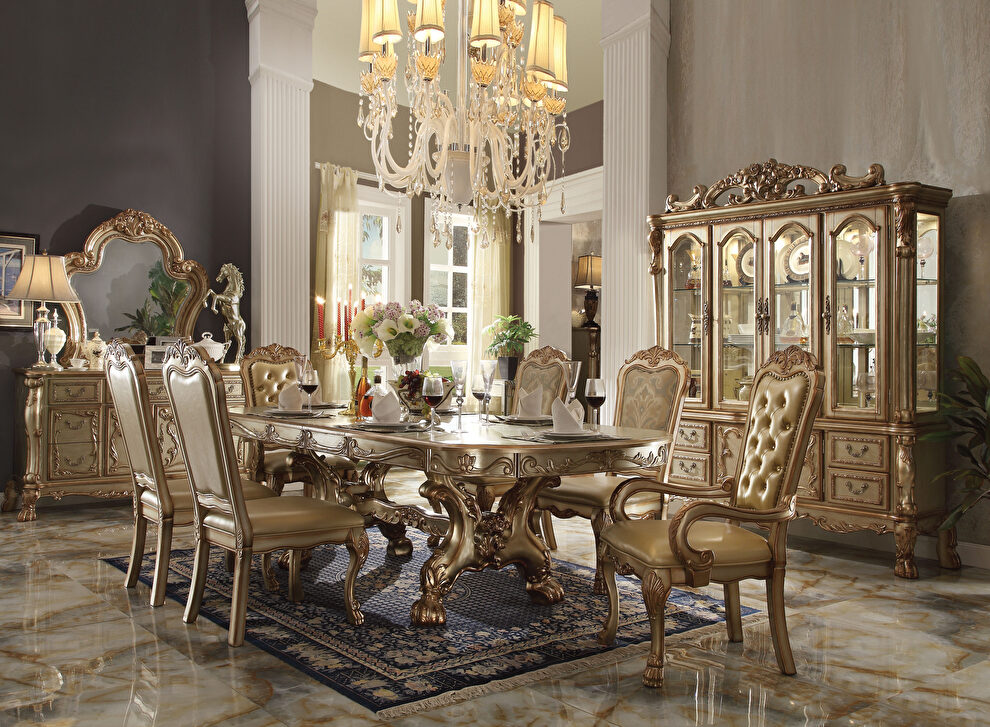 Gold patina & bone dining table with trestle pedestal by Acme