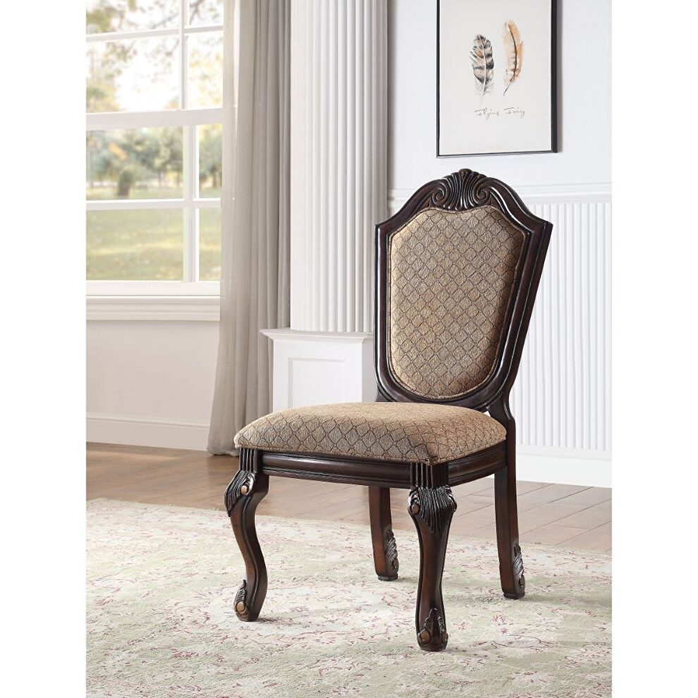 Fabric & espresso finish elegant styling decorative carving dining chair by Acme