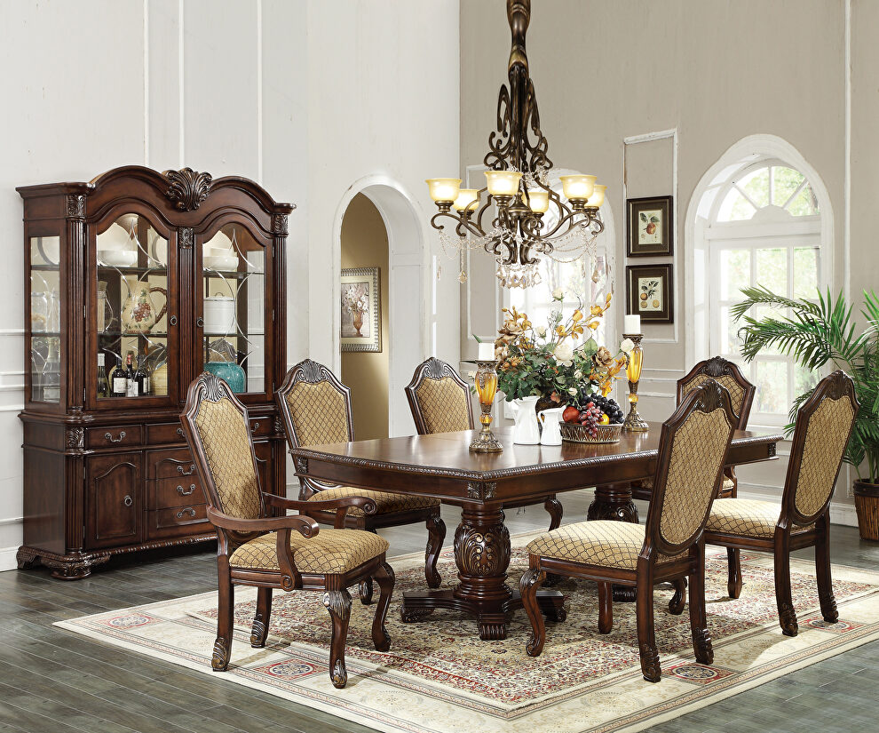 Fabric & espresso finish elegant styling decorative carving dining table by Acme