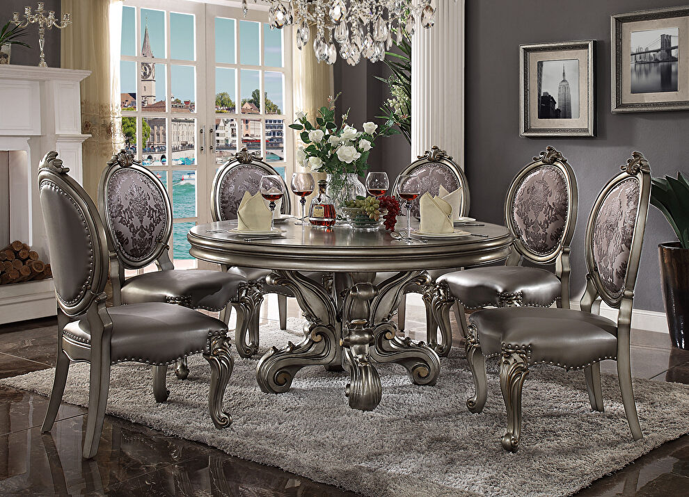 Antique platinum round pedestal dining table by Acme