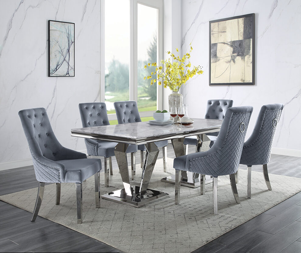 Light gray printed faux marble top and stainless steel pedestals base dining table by Acme