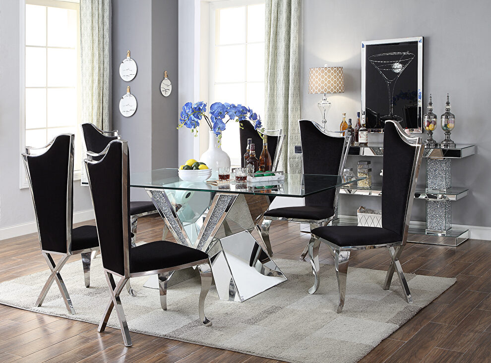 Rectangular glass top v-shape base glam dining table by Acme