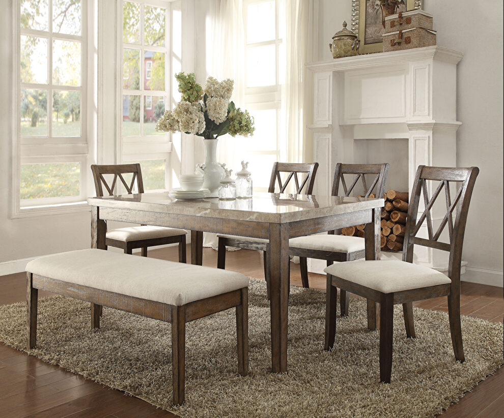 White marble top & salvage brown finish dining table by Acme