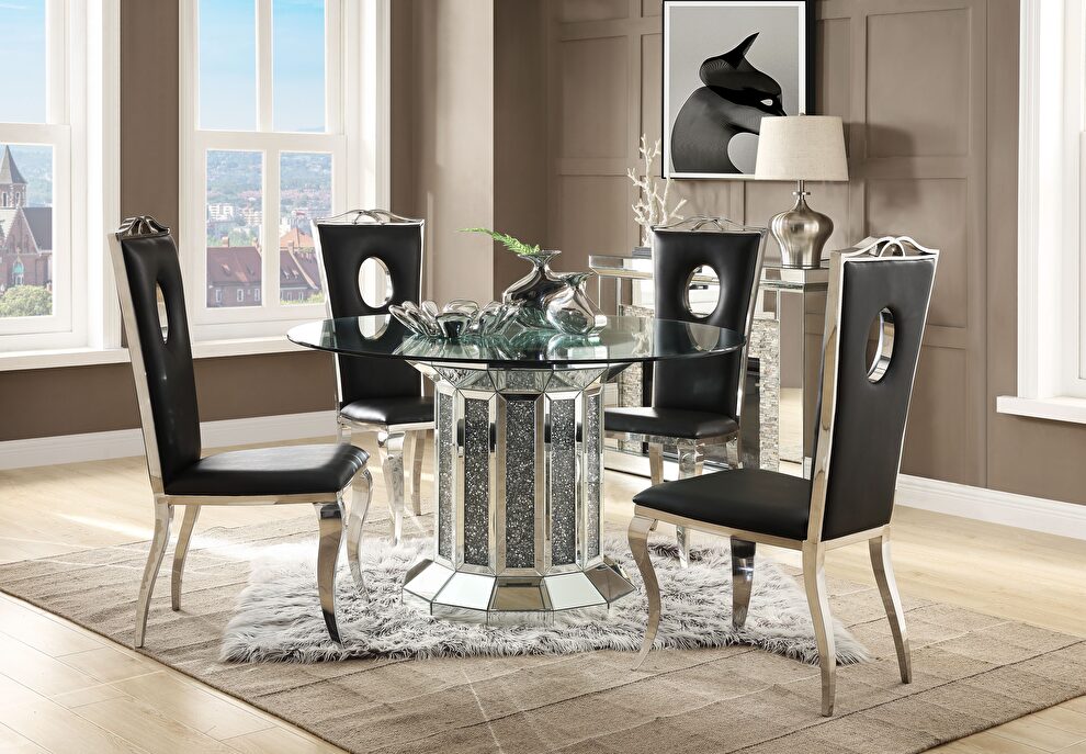 Mirrored & faux diamonds round glass top dining table by Acme