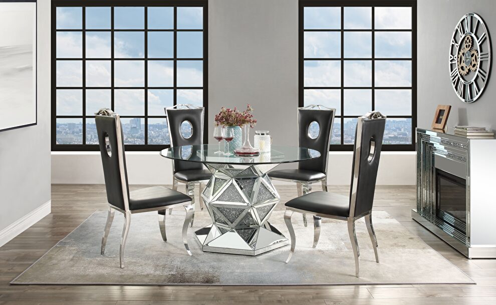Round glass top geometric chrome base dining table by Acme