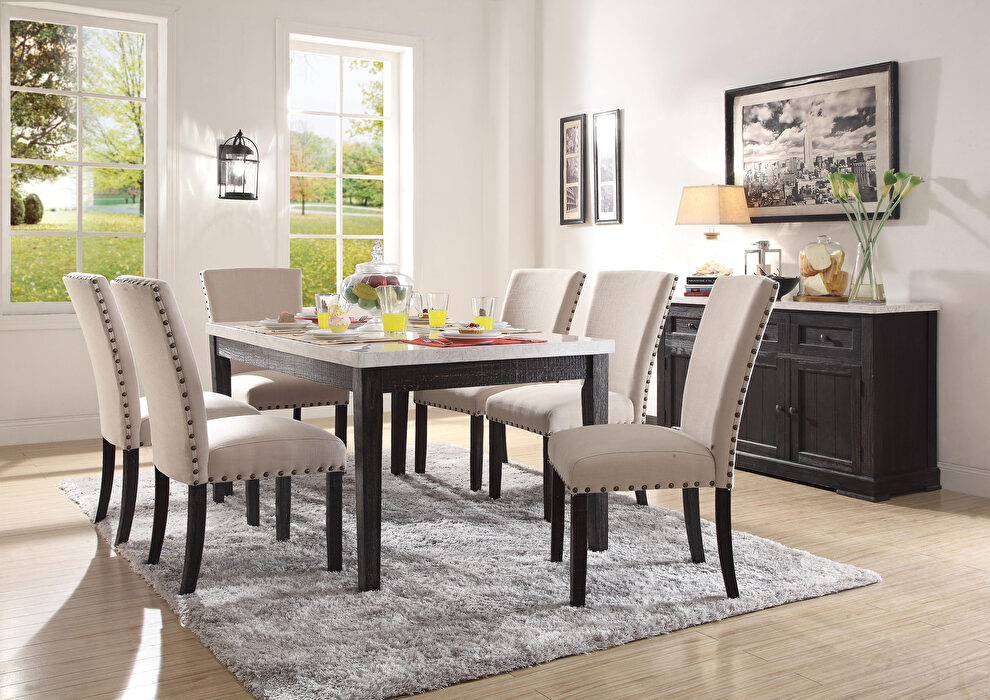 White marble top & salvage dark oak finish dining table by Acme