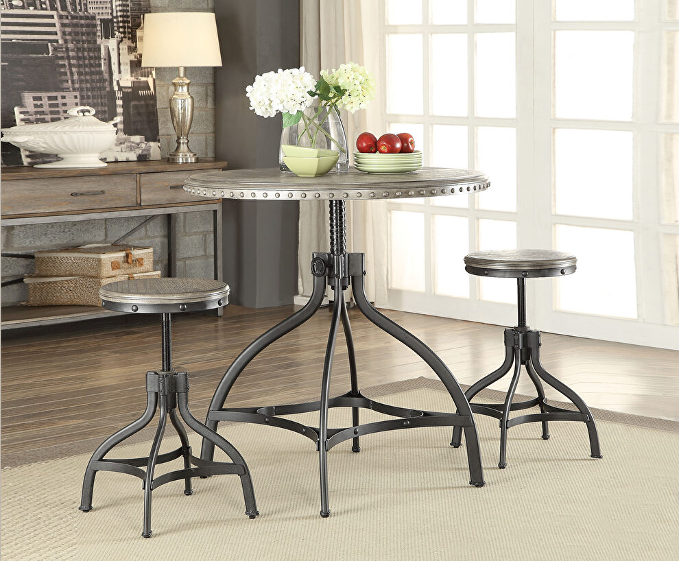 Gray oak & metal 3pc adjustable counter height set by Acme