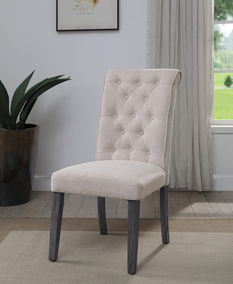 Beige linen upolstery & gray finish rolled back design dining chair by Acme