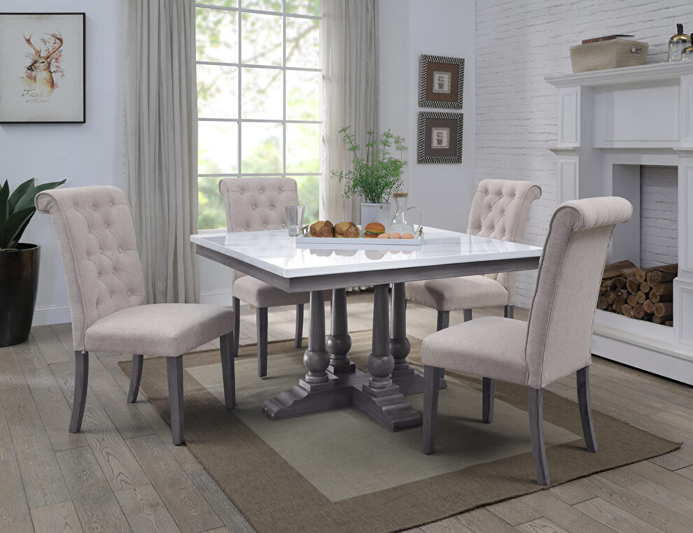 Marble top & gray oak finish trestle base dining table by Acme